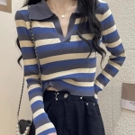 Autumn internet celebrity new striped lapel long sleeved T-shirt knitted sweater women's stylish chic top base shirt