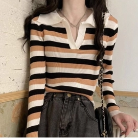 Autumn internet celebrity new striped lapel long sleeved T-shirt knitted sweater women's stylish chic top base shirt