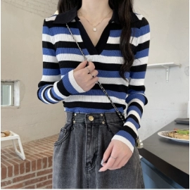 Autumn internet celebrity new striped lapel long sleeved T-shirt knitted sweater women's stylish chic top base shirt